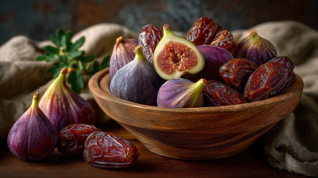 Fresh purple figs and dried dates in a rustic wooden bowl. Healthy organic sweet snack on a dark wooden table
