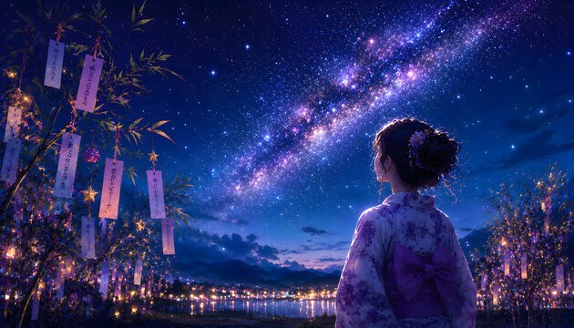 浴衣姿の女性が見上げる七夕の天の川