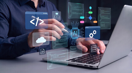 AI powered low code development platform concept with professional using laptop and stylus on digital interface for automated software creation cloud computing and intelligent workflow optimization   © Studio KN