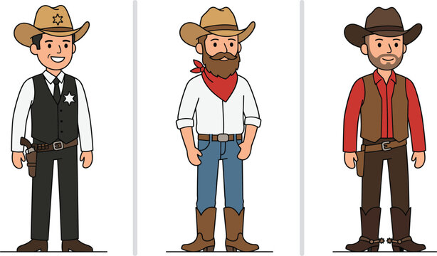 Cartoon cowboys in different outfits and accessories western sheriff bandana