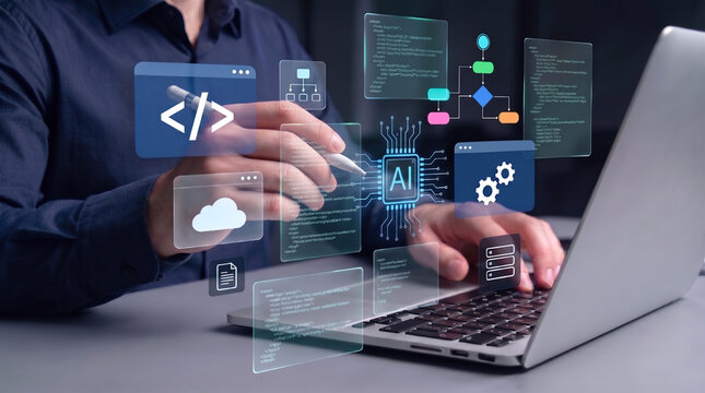 AI powered low code development platform concept with professional using laptop and stylus on digital interface for automated software creation cloud computing and intelligent workflow optimization

