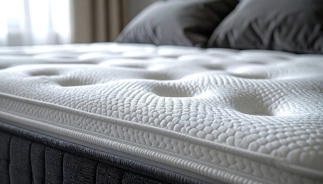 A close-up view of a white mattress with a tufted design and a black border, resting on a dark gray fabric base with two pillows
