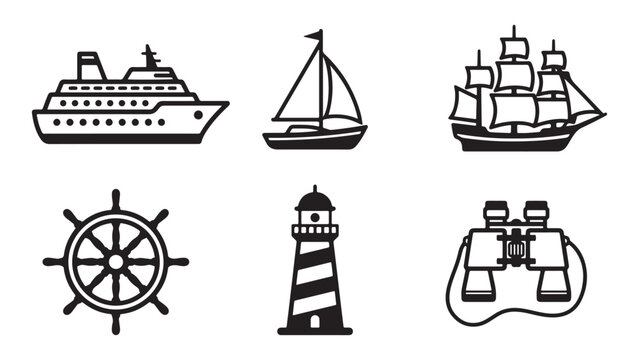 Marine sea travel vector symbols with cruise ship sailboat lighthouse steering wheel and binoculars