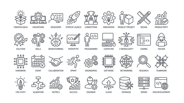 Collection of black and white line icons related to technology and business concepts