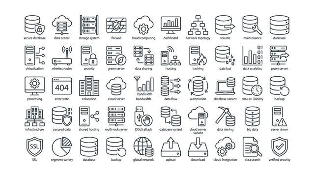 Collection of various computer data storage and security icons on white background