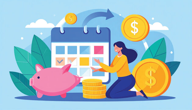 Woman Saving Money in Piggy Bank.