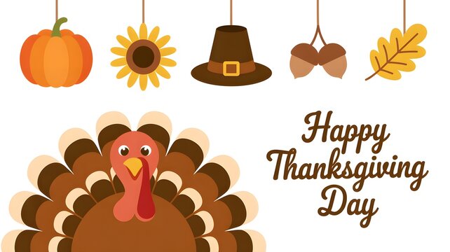 Happy thanksgiving day greeting card with a cute turkey and festive autumn harvest icons