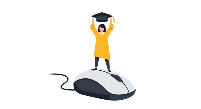 Online Education Illustration: Female Graduate Student Standing on a Computer Mouse, Virtual Graduation and E-learning Concept, Remote Learning Success Vector