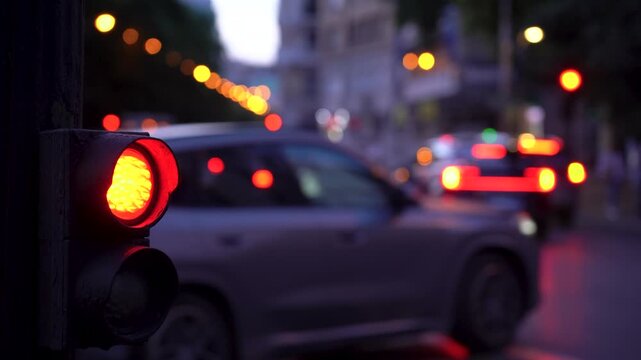Tr&aacute;fico urbano al anochecer en Madrid, con veh&iacute;culos en movimiento y luces desenfocadas creando un atractivo efecto bokeh en la ciudad.
