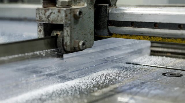 Closeup medium shot of guillotinestyle cutter slicing plastic sheets for clean straight edge trimming in a factory environment.