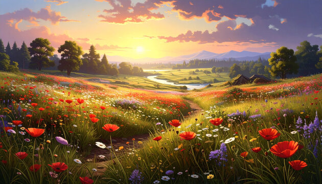 Scenic Meadow with Wildflowers at Sunset