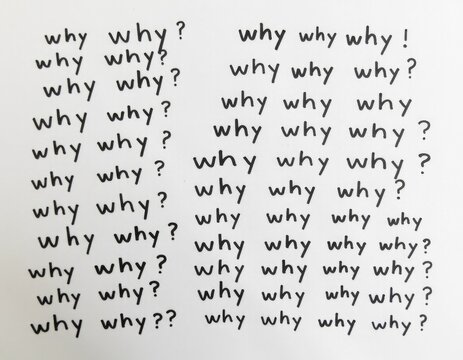 A close-up shot of handwritten notes on a piece of paper, asking 'why' questions