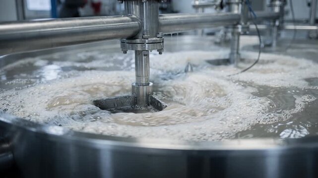 Closeup of tankblend surfactant production with automated mixers integrating additives and solvent bases within large stainless steel tanks.