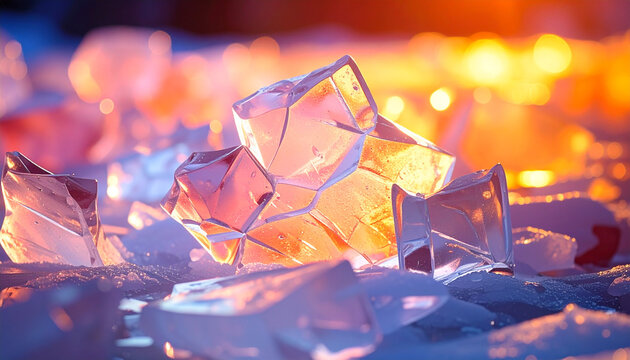 Ice cubes gleam on a frosty surface