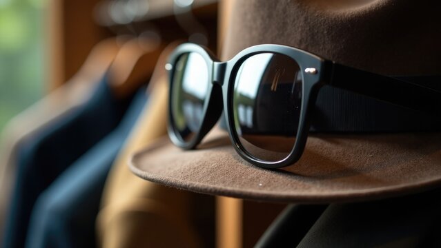 A hat and pair of glasses displayed on a rack