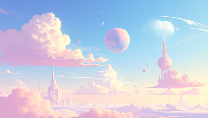 Pastel fantasy cityscape with planets and clouds