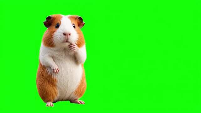 Realistic 3D guinea pig touching chin in a deep thinking and analyzing gesture, thoughtful problem solving and careful decision making business concept isolated on chroma key green screen background
