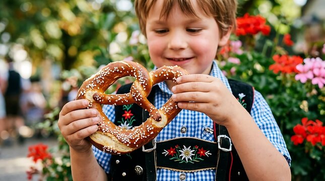 Oktoberfest celebration young boy enjoying traditional german pretzel