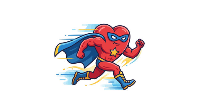 Superhero Heart Character Running Fast with Cape and Mask, Vector Illustration