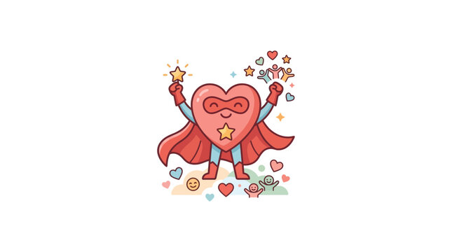 Superhero Heart Character with Cape and Mask, Celebrating Victory with Stars and Hearts