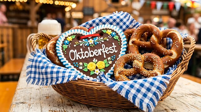 Oktoberfest bavarian pretzels and heart shaped souvenir in wicker basket