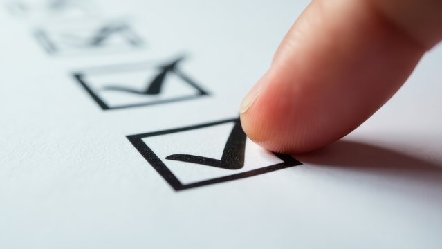 A person presses a check mark on a paper, marking something complete