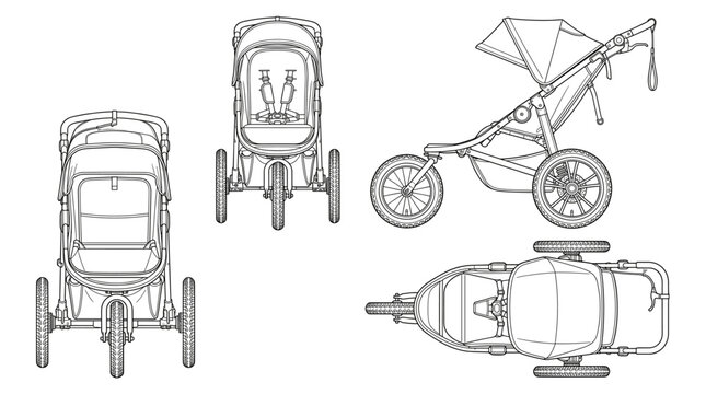 Jogging strollers child transport equipment technical drawing blueprint with front side back and side views CAD line art vector illustration
