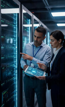 Professional IT Specialists Analyzing Server Hardware Performance and Network Infrastructure in a Modern Secure Data Center