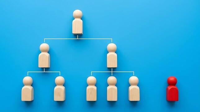 A hierarchical organization chart with a single red outlier standing alone beside connected beige figures on a blue background.