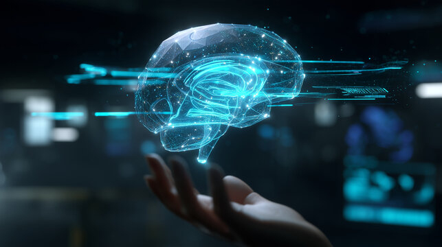 Futuristic AI Holographic Brain With Human Interaction Digital Intelligence Machine Learning Data Science And Advanced Technology Innovation Concept AI technology, artificial intel