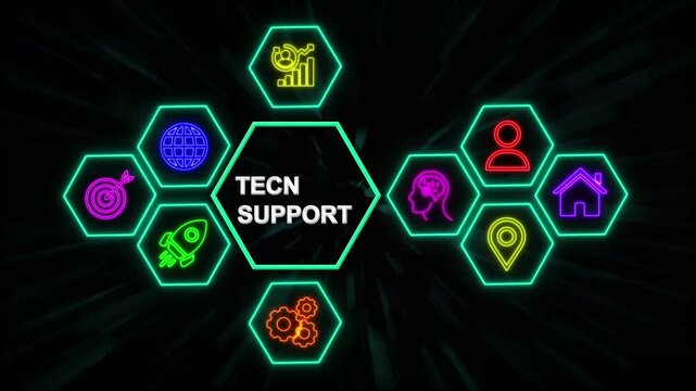Tecn Support Technology Network Concept with Neon Hexagon Icons, Digital Business Interface Background.4k video