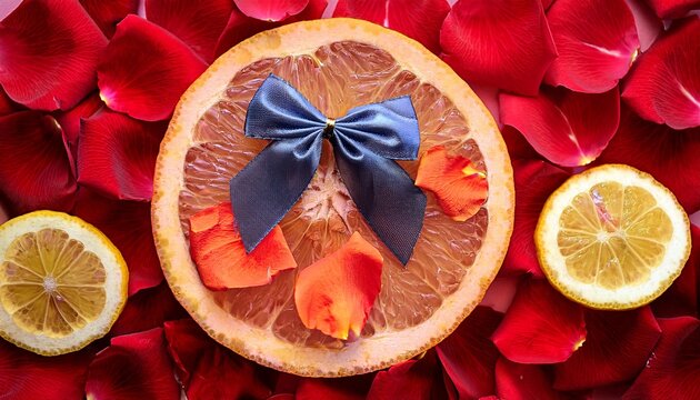 colorful graphic overlay of sliced citrus on a bed of red rose petals with decorative bow