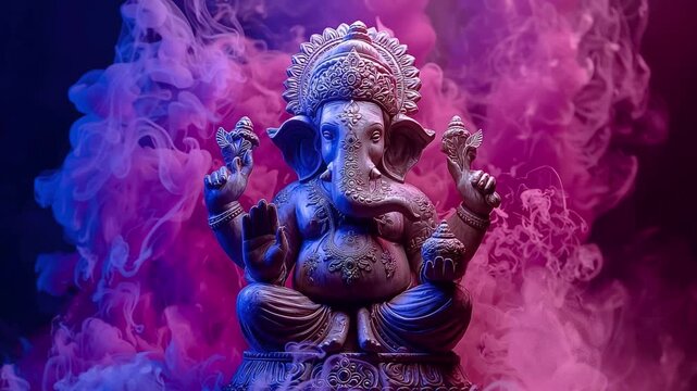 Mystical stone sculpture of the hindu god lord ganesha sitting in a lotus pose, surrounded by swirling clouds of vibrant blue and purple smoke creating a spiritual and divine atmosphere