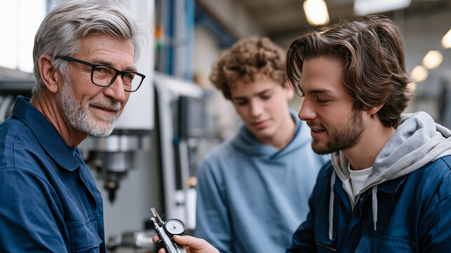 Seasoned factory machinist showing apprentice how to read micrometer at CNC milling station, manufacturing career pathway mentorship, multi-generation workforce on precision
