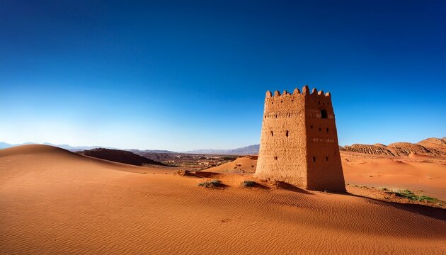 mudbrick fortress tower in desert under clear blue sky in north africa