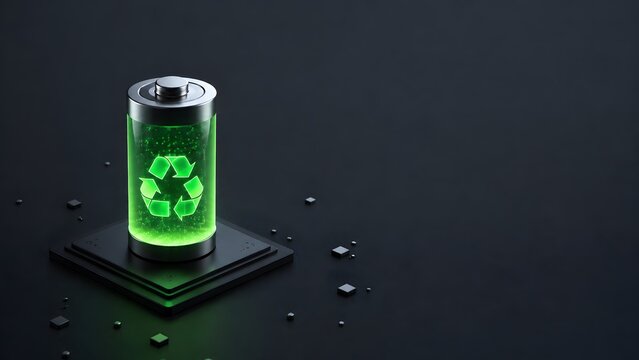 Glowing green battery with recycling symbol on computer microchip representing electronic waste management and sustainable technology