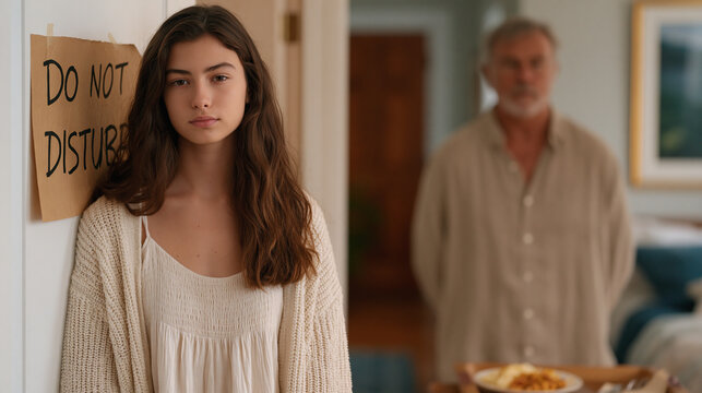 Teenage daughter slams a bedroom door with a handmade do not disturb sign while a parent stands in the hallway looking at the closed door, arms at their sides, a half eaten dinner