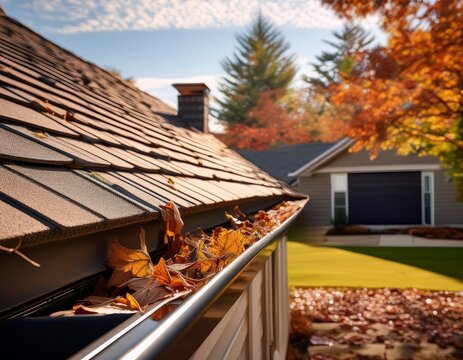 gutter clogged with decaying leaves on roof protect your home and keep your gutters clean to prevent costly damage fall home maintenance