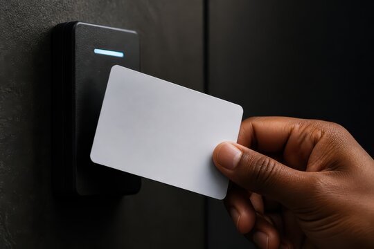 Hand presenting blank access card to electronic door reader for secure entry authentication and workplace access control