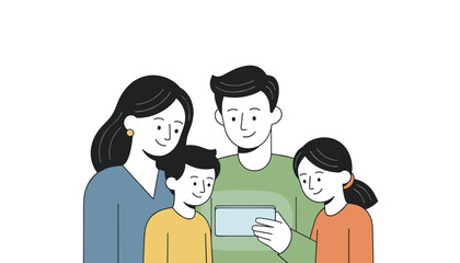 Obraz premium Happy family of four including parents and two children bond while looking at a smartphone screen together at home.