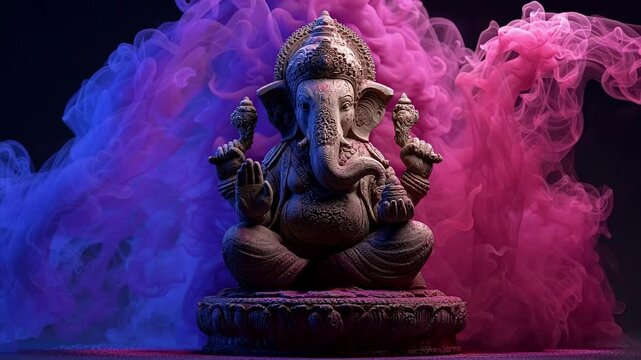 Hindu deity lord ganesha stone statue sitting in a meditative posture against a dark background, with billowing purple and pink smoke representing spiritual energy and celebration