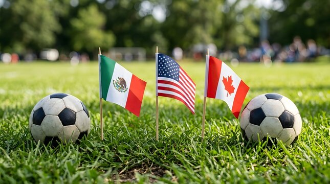 Soccer balls and flags of usa canada and mexico on a grass field
