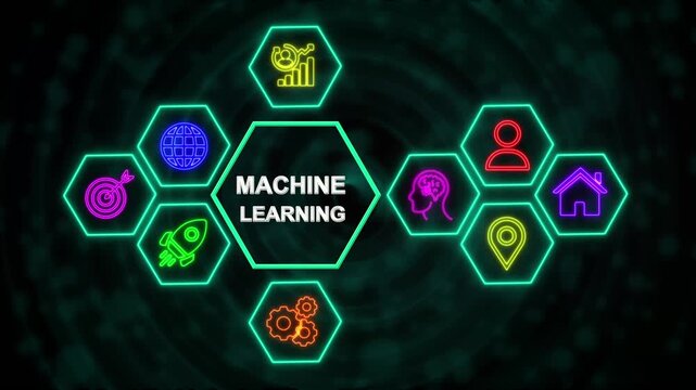 Machine Learning Technology Network Concept with Neon Hexagon Icons, Digital Business Interface Background.4k video