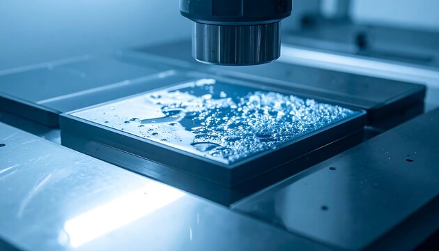 A close-up view of a machine processing a metal plate with a textured surface