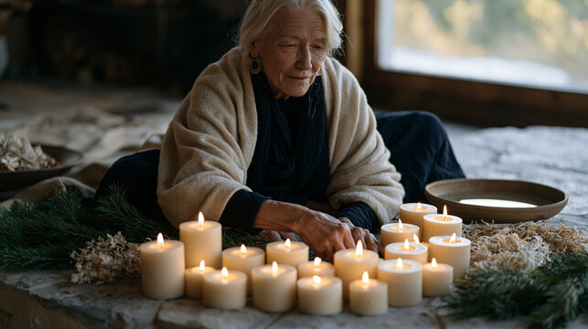 Solitary elder woman lighting a ring of thick pillar candles on a stone floor surrounded by pine boughs, dried herbs, and a clay bowl of water during an intimate winter solstice