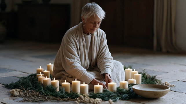 Solitary elder woman lighting a ring of thick pillar candles on a stone floor surrounded by pine boughs, dried herbs, and a clay bowl of water during an intimate winter solstice
