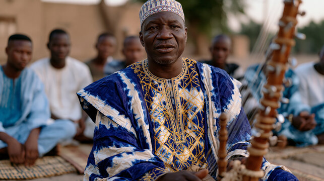 West African griot in a ceremonial robe sits before a group of young men on woven mats, his speaking voice animated and precise, a kora resting across his knee, a village square visible behind him, 