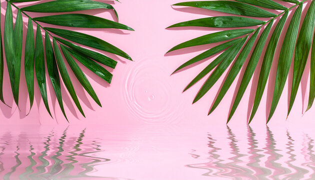 Green palm fronds and water ripples on pink