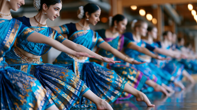 Young urban choreographer rehearses a company of twelve in a loft studio, blending classical bharatanatyam footwork with contemporary floor sequences, a mirrored wall reflecting the formation, minor