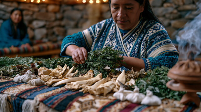 An Andean curandera arranges fresh herbs, carved bones, and small cloth bundles on a textile-covered altar inside a stone room, a patient watching from a low bench, smoke curling from a clay censer,
